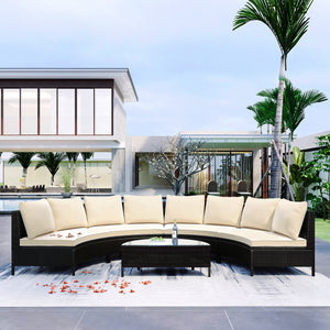 TOPMAX 5 Pieces All-Weather Brown PE Rattan Wicker Sofa Set Outdoor Patio Sectional Furniture Set Half-Moon Sofa Set With Tempered Glass Table, Beige
