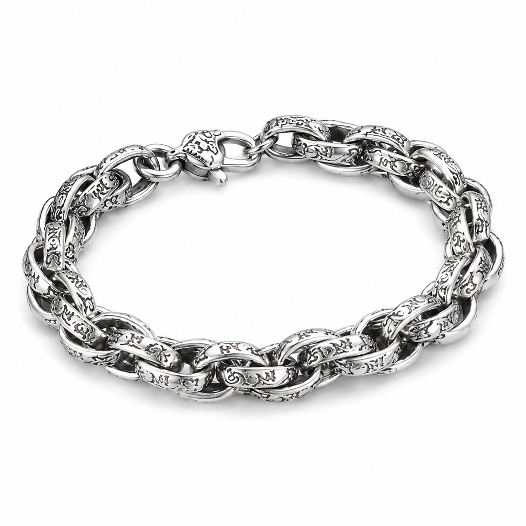 Antique Scroll Engraved Thick Curb Chain Bracelet For Men, Copper Plated Silver 