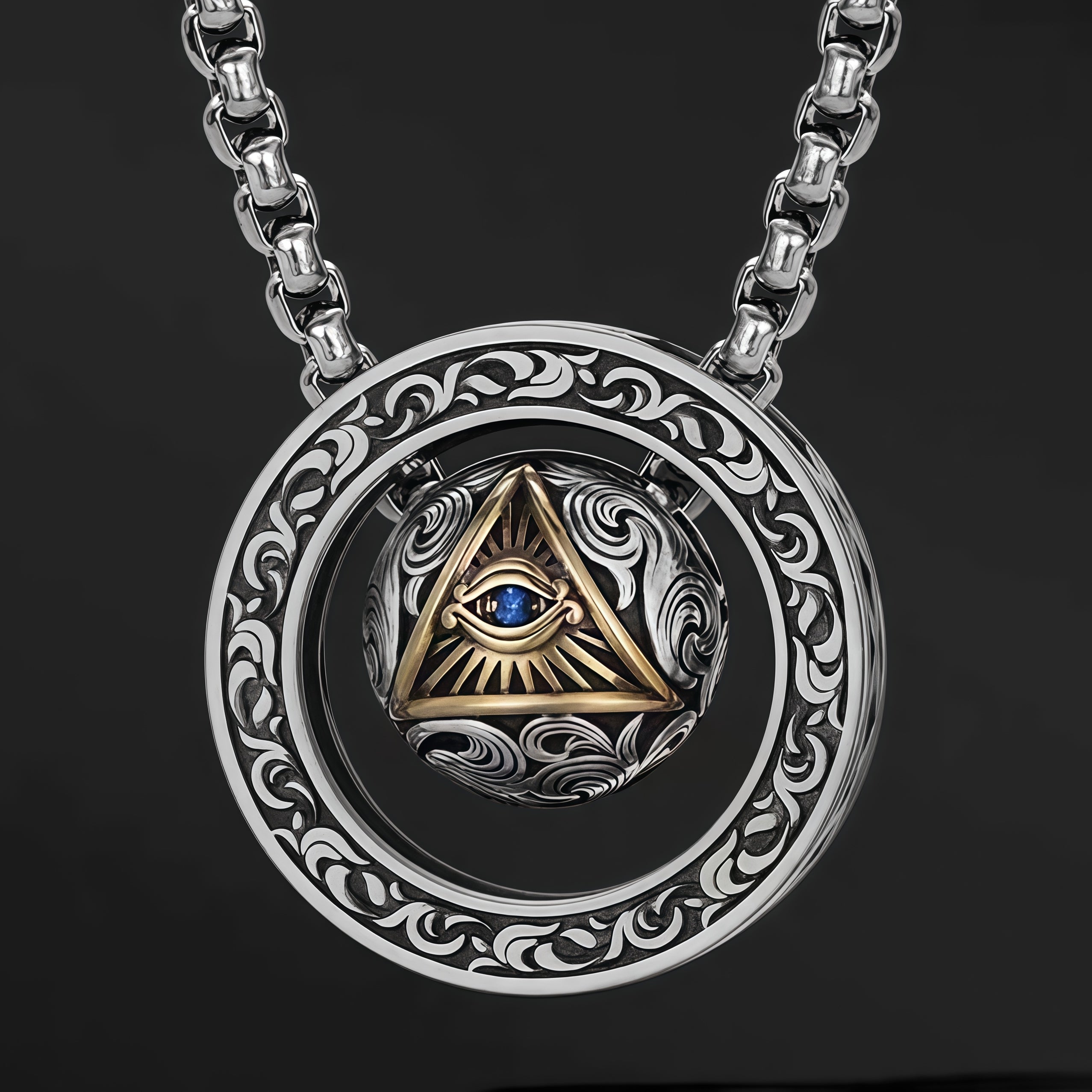 Vintage All-Seeing Eye Rotatable Round Ball Circle Pendant Necklace For Men, Cop
