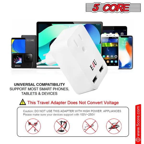 European Travel Plug Adapter W 2 USB-Ports Universal Adopter For International P