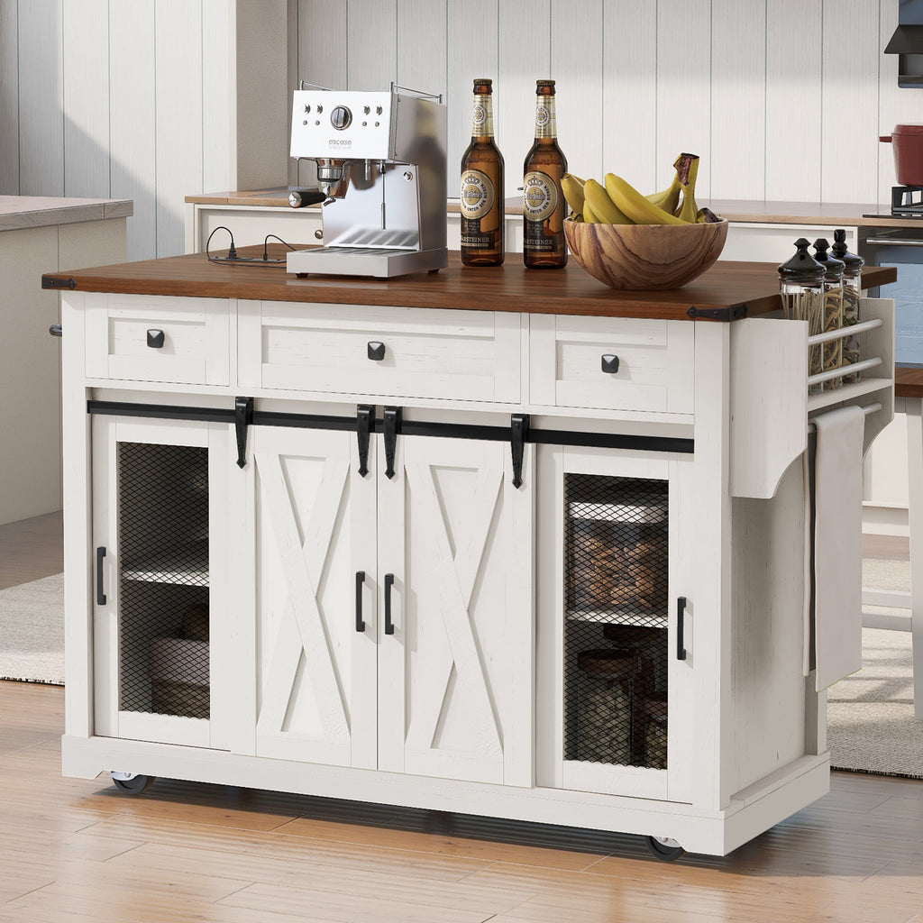 K&K 58 Farmhouse Kitchen Island With Storage,Sliding Barn Door & Metal Grid Side