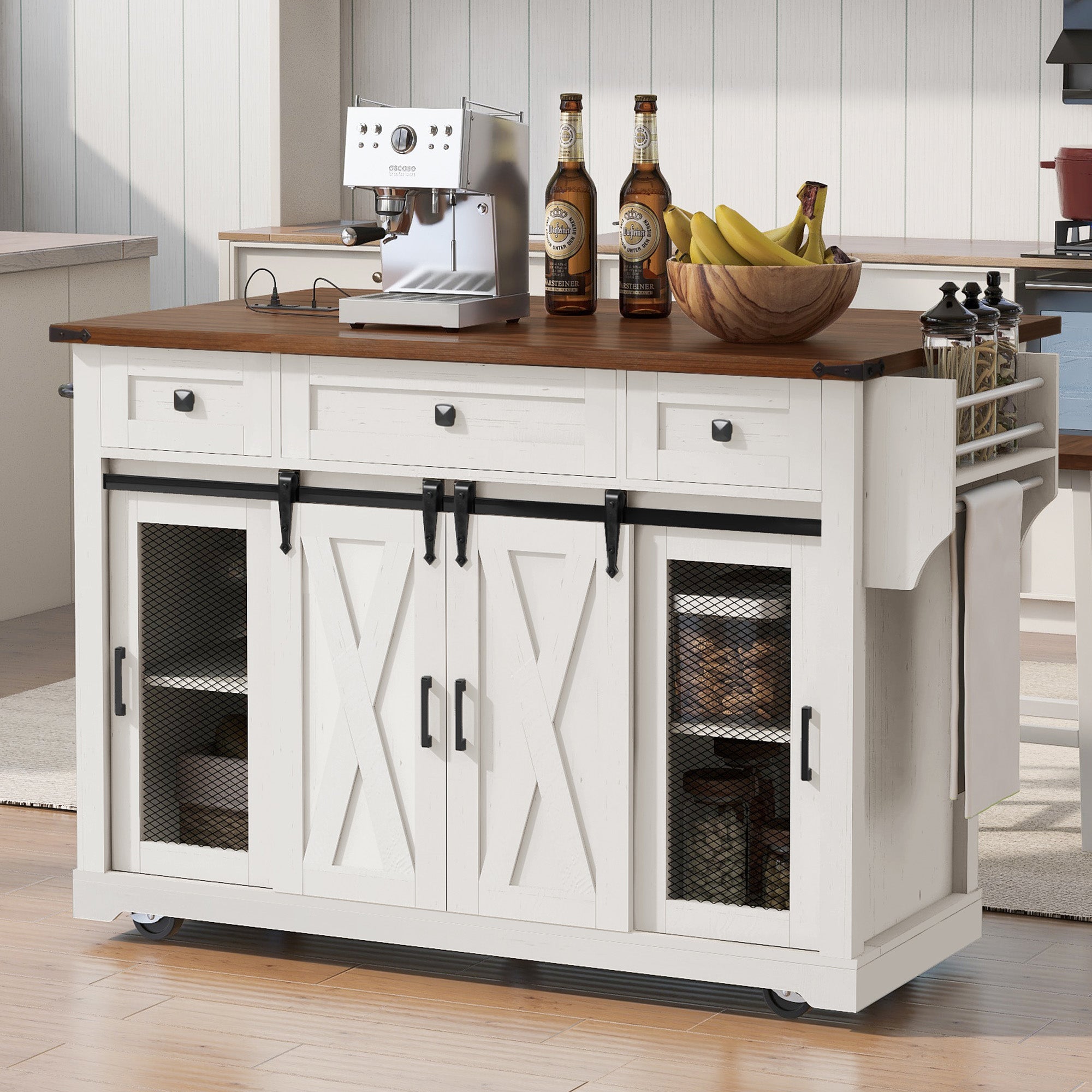 K&K 58 Farmhouse Kitchen Island With Storage,Sliding Barn Door & Metal Grid Side