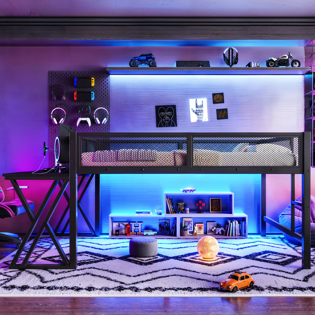 Full Size Gaming Loft Bed With Desk Of X-shaped Leg ,LED Lights, USB Ports, Stai