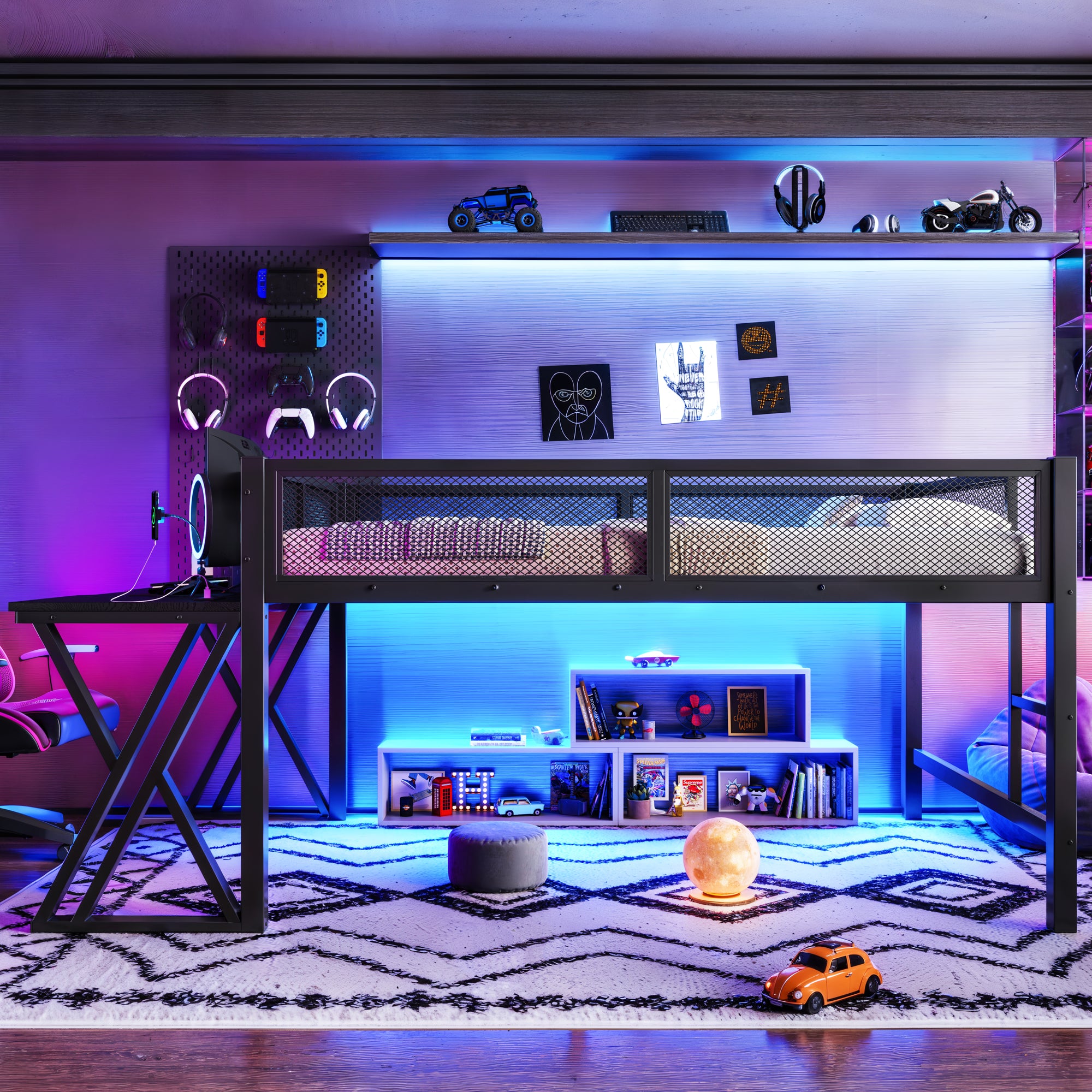 Full Size Gaming Loft Bed With Desk Of X-shaped Leg ,LED Lights, USB Ports, Stai