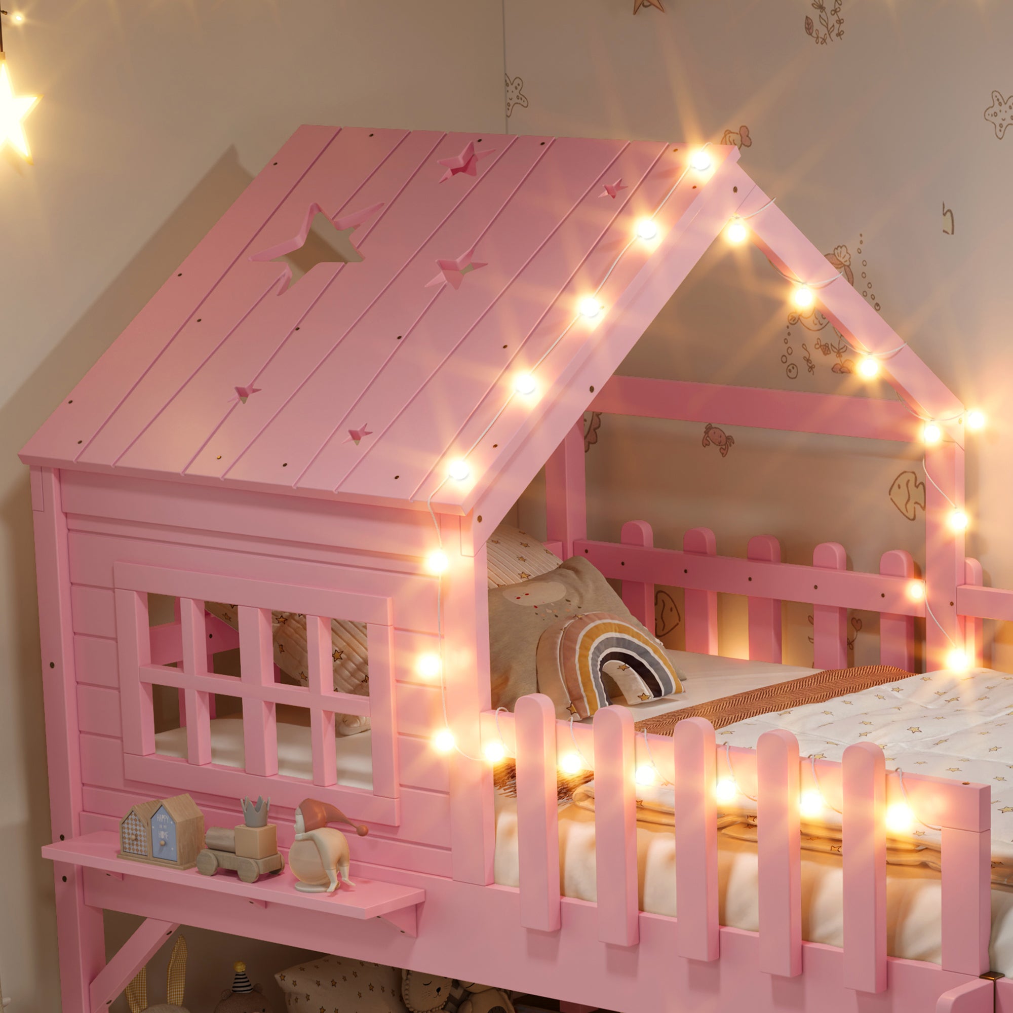 Twin Size House Loft Bed With Slide,Playhouse Bed With Star-shaped Designs And W
