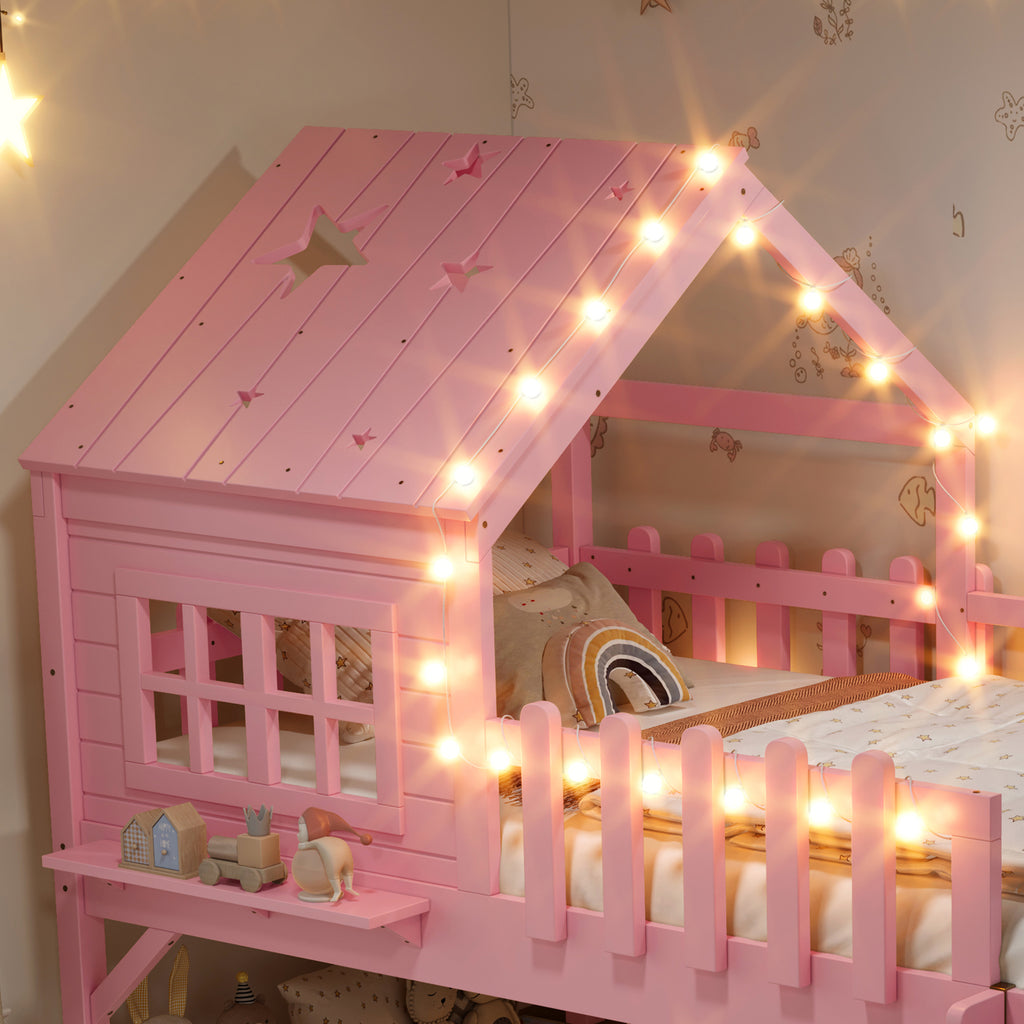 Twin Size House Loft Bed With Slide,Playhouse Bed With Star-shaped Designs And W