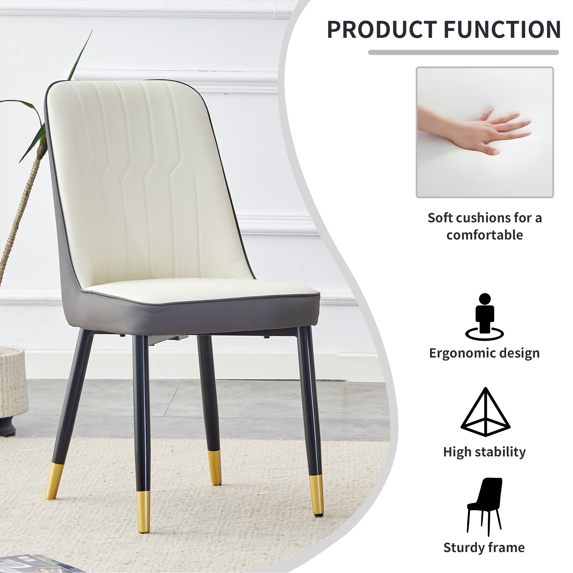 A Modern Dining Chair With A White Dark Gray Dual Tone PU Leather Backrest And B
