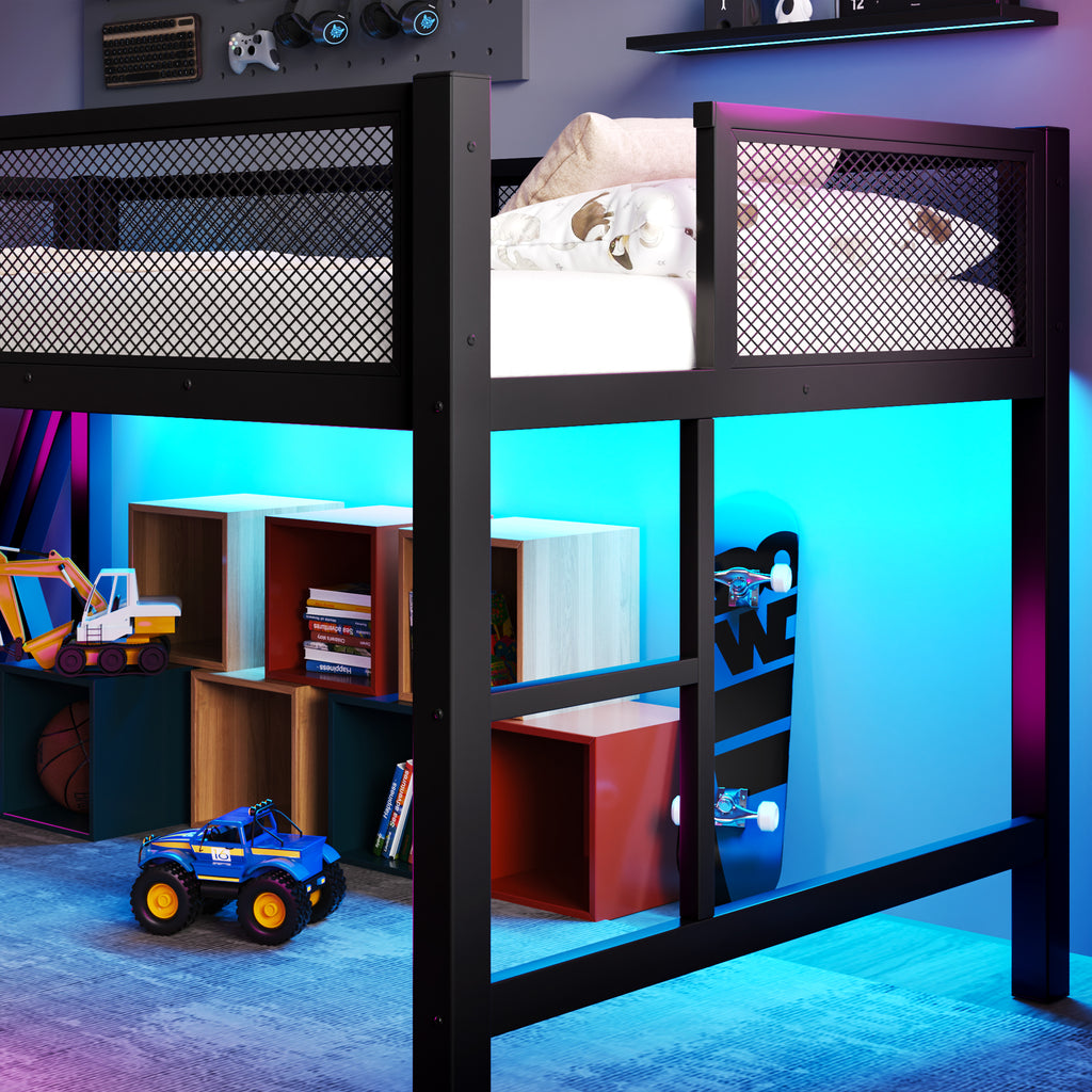 Full Size Gaming Loft Bed With Desk Of X-shaped Leg ,LED Lights, USB Ports, Stai