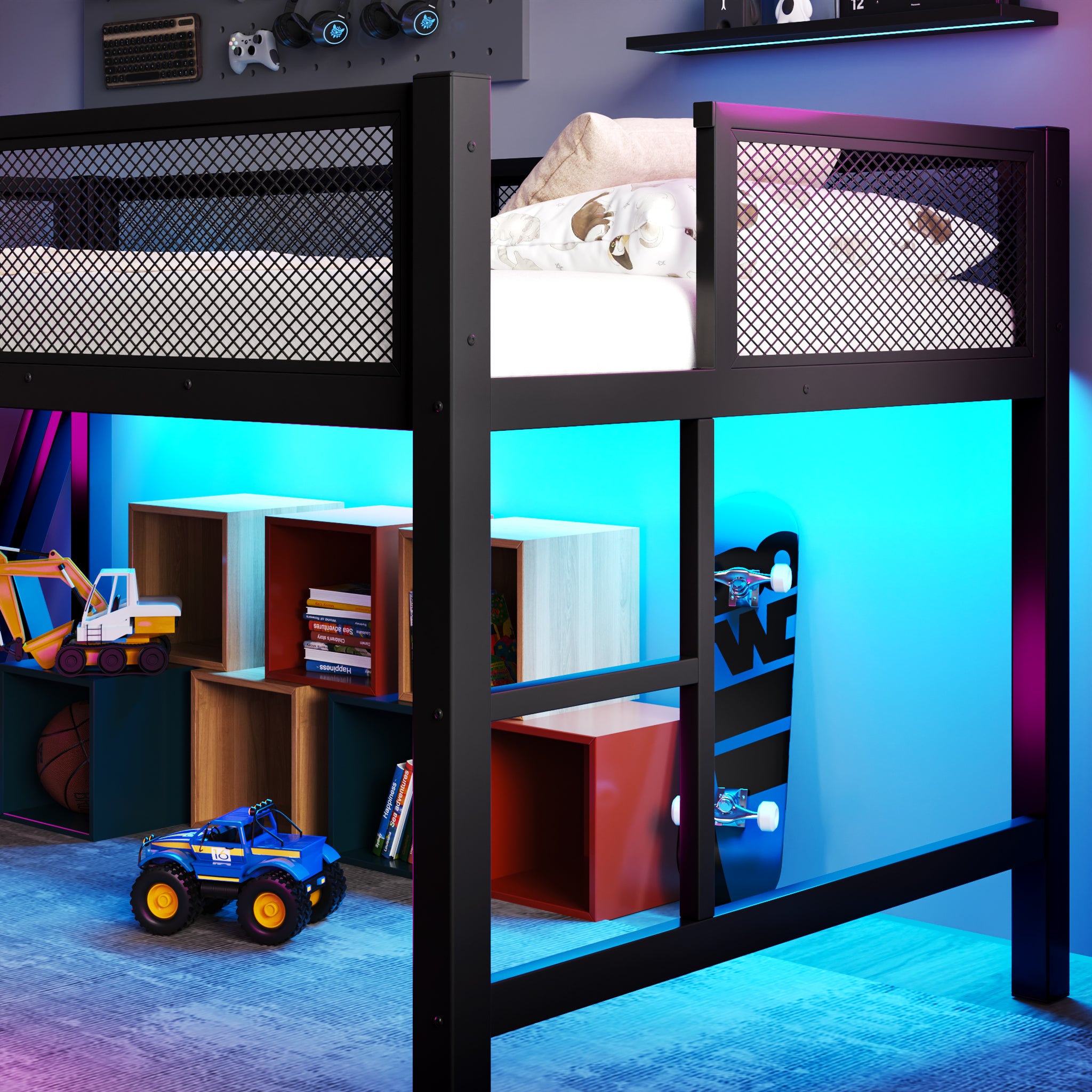 Full Size Gaming Loft Bed With Desk Of X-shaped Leg ,LED Lights, USB Ports, Stai