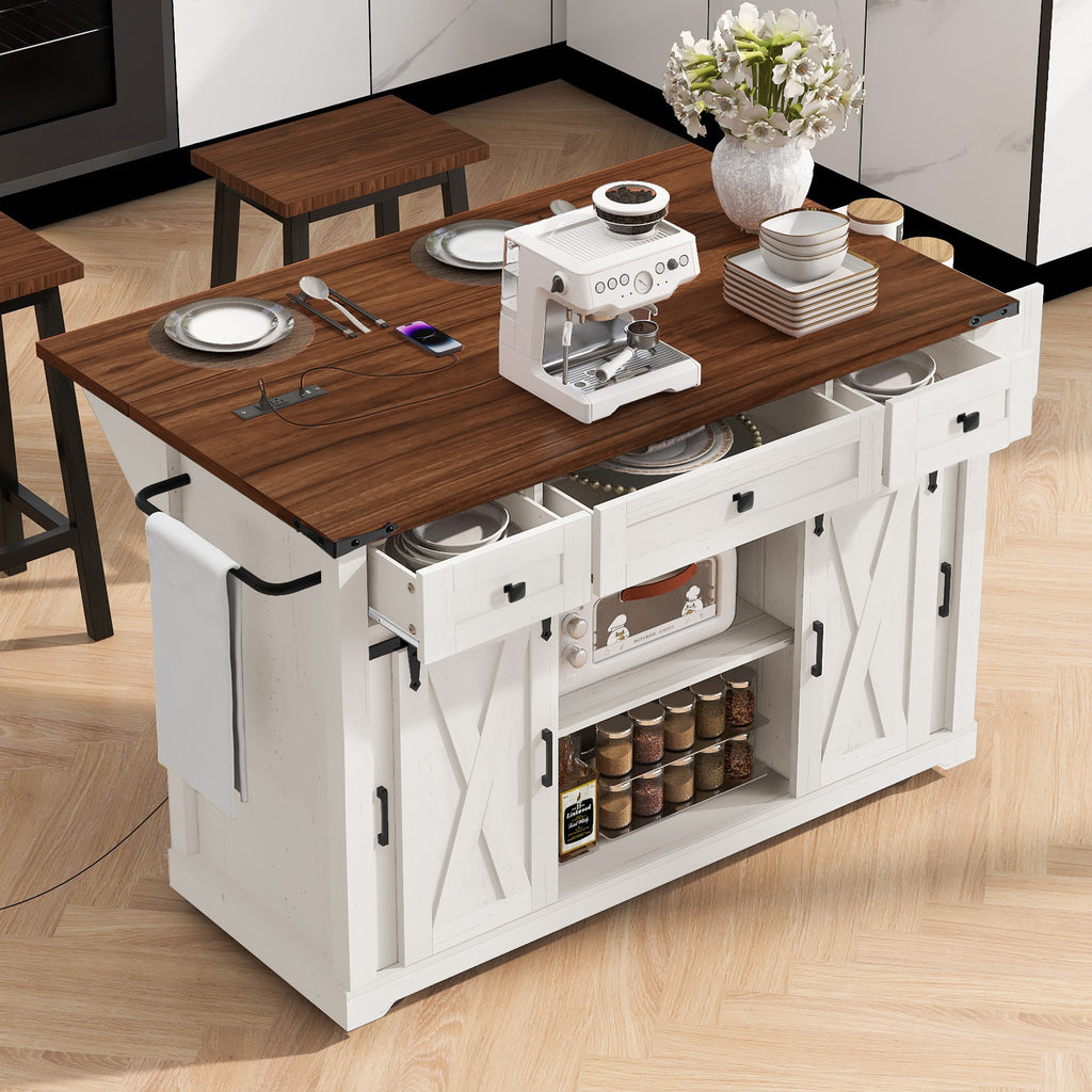 K&K 58 Farmhouse Kitchen Island With Storage,Sliding Barn Door & Metal Grid Side