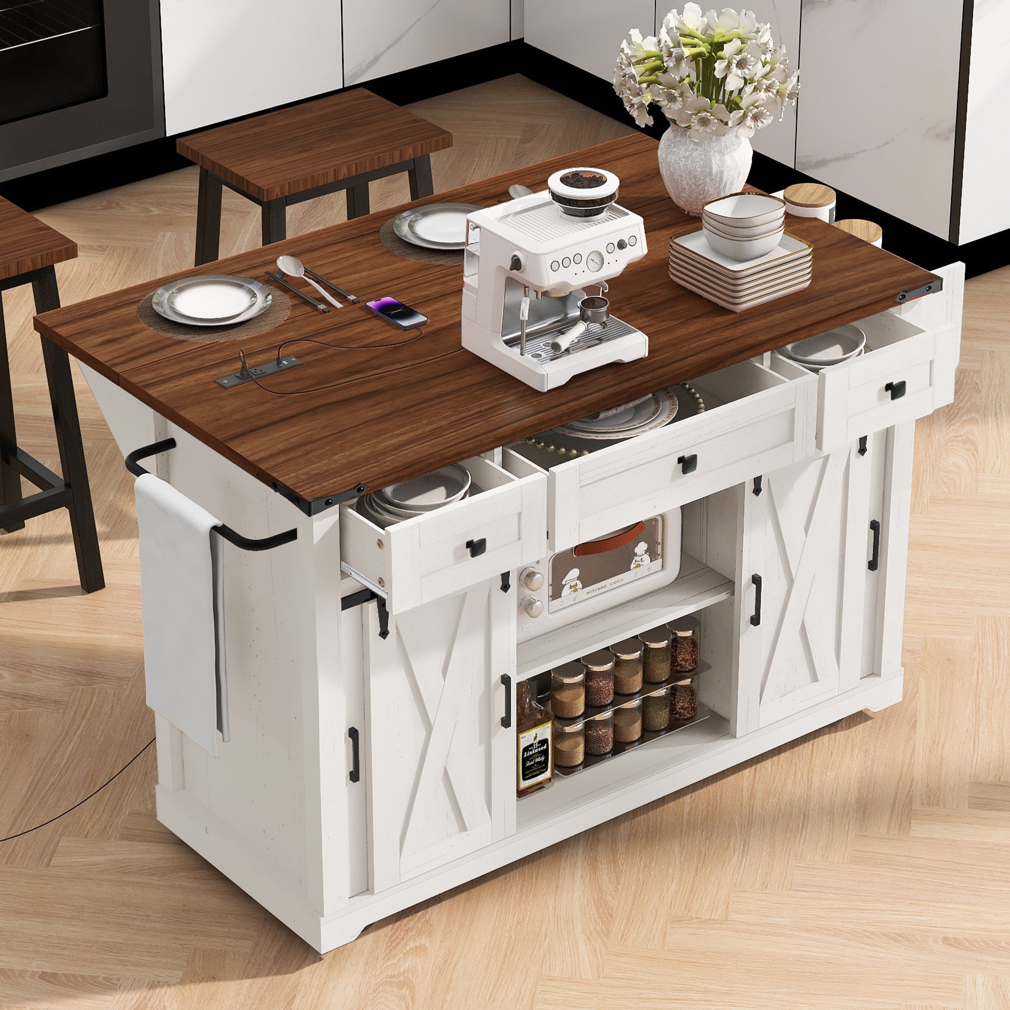 K&K 58 Farmhouse Kitchen Island With Storage,Sliding Barn Door & Metal Grid Side