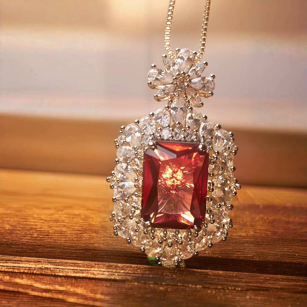 1111White Gold Plated Cushion Cut Red Ruby CZ Pendant Necklace, Double Halo Clea