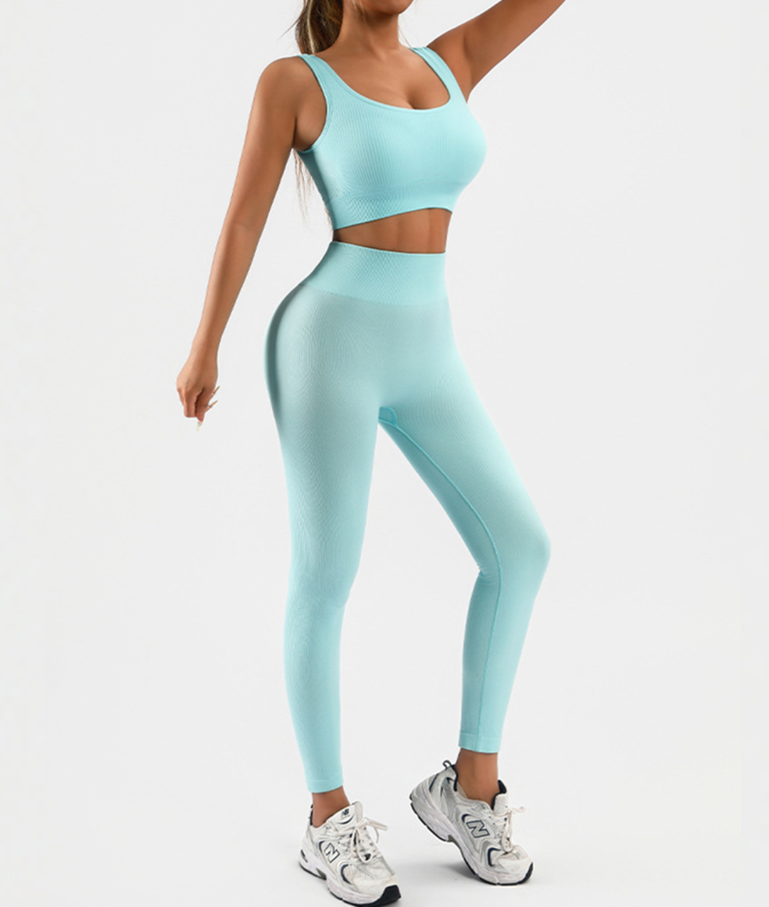 Women's Workout Outfits Ribbed Tank 2 Piece Seamless High Waist Gym Outfit Yoga 