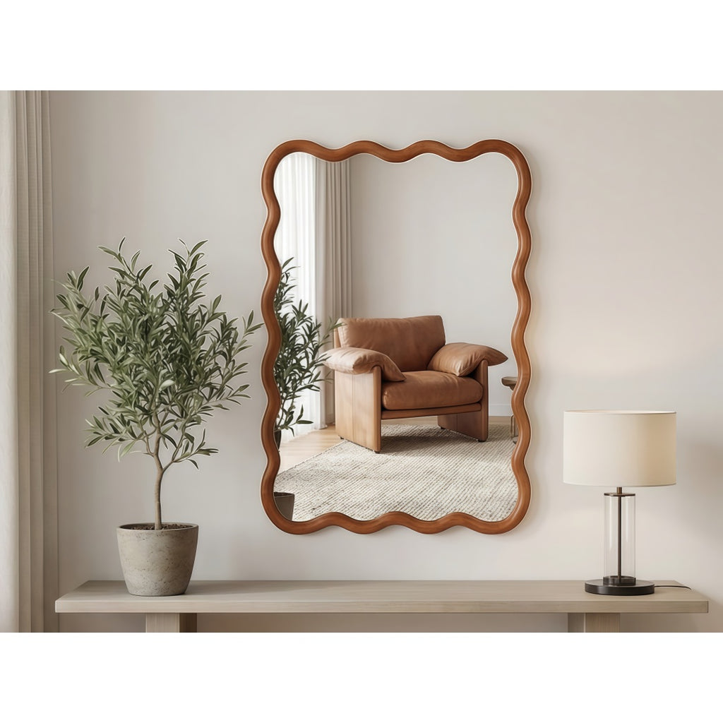 Yellowish Brown 20x30 Wavy Rectangle Solid Wood Frame Decorative Mirror,For Bedr