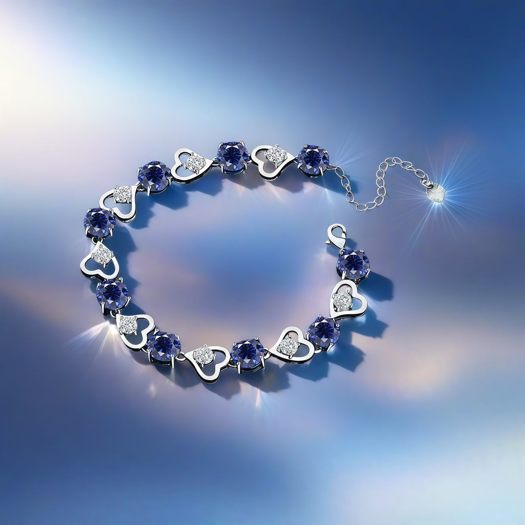 Heart Link Round Blue CZ Tennis Bracelet For Women, Copper Plated Silver With Ad