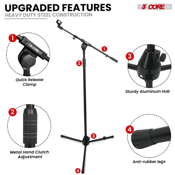 5 Core Mic Stand Adjustable Microphone Stands Floor W 180° Rotating Telescoping 