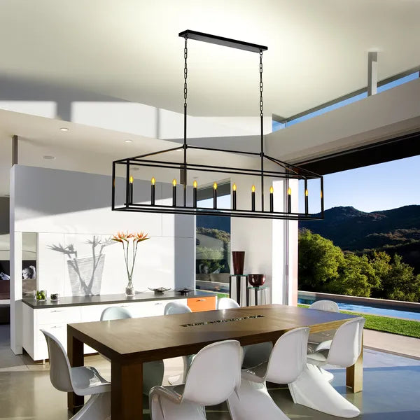 10 Lights Farmhouse Black Chandelier Rectangular Linear Pendant Lighting For Din