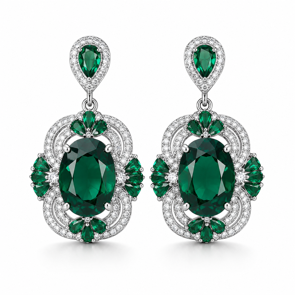 Vintage Oval Emerald CZ Floral Halo Drop Dangle Earrings For Women, Copper Silve