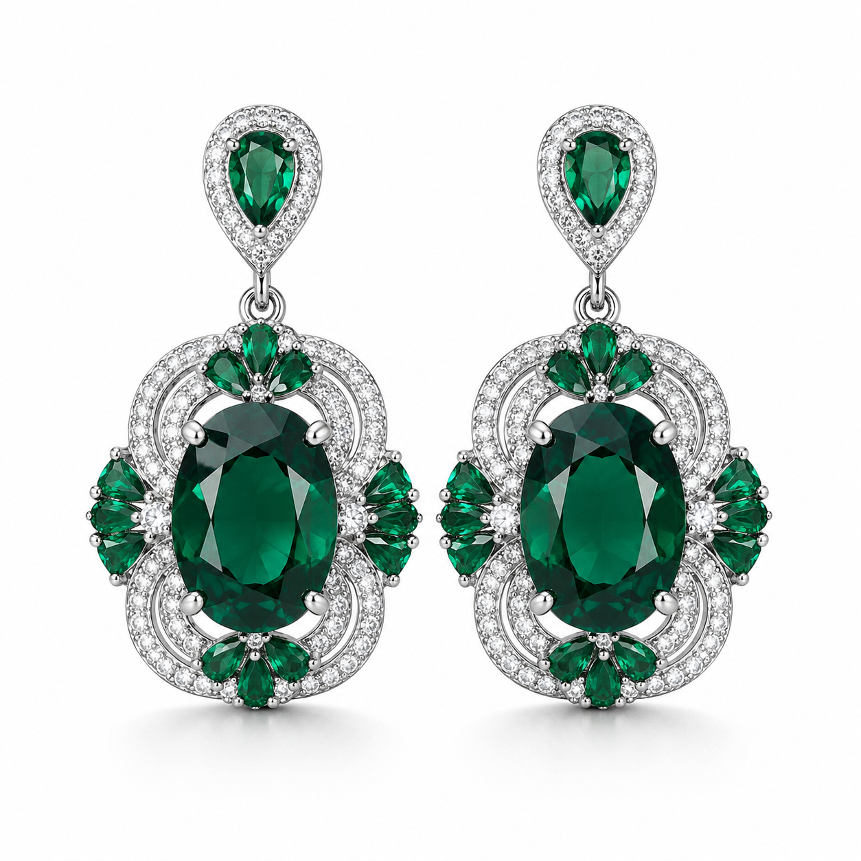 Vintage Oval Emerald CZ Floral Halo Drop Dangle Earrings For Women, Copper Silve