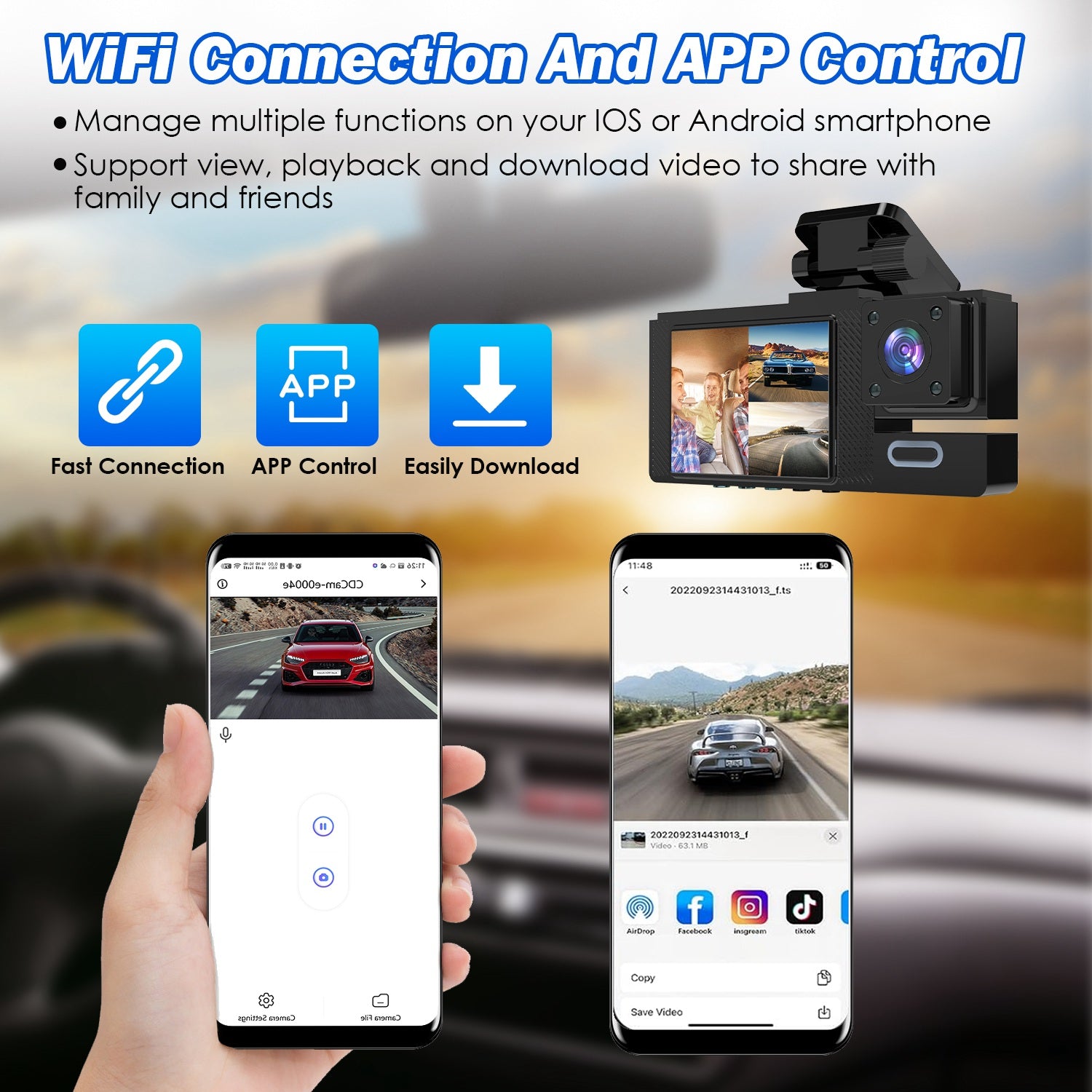1Pc WiFi FHD 1080P Car Dash Cam 3 Channels Front Rear Inside Dash Camera With Lo
