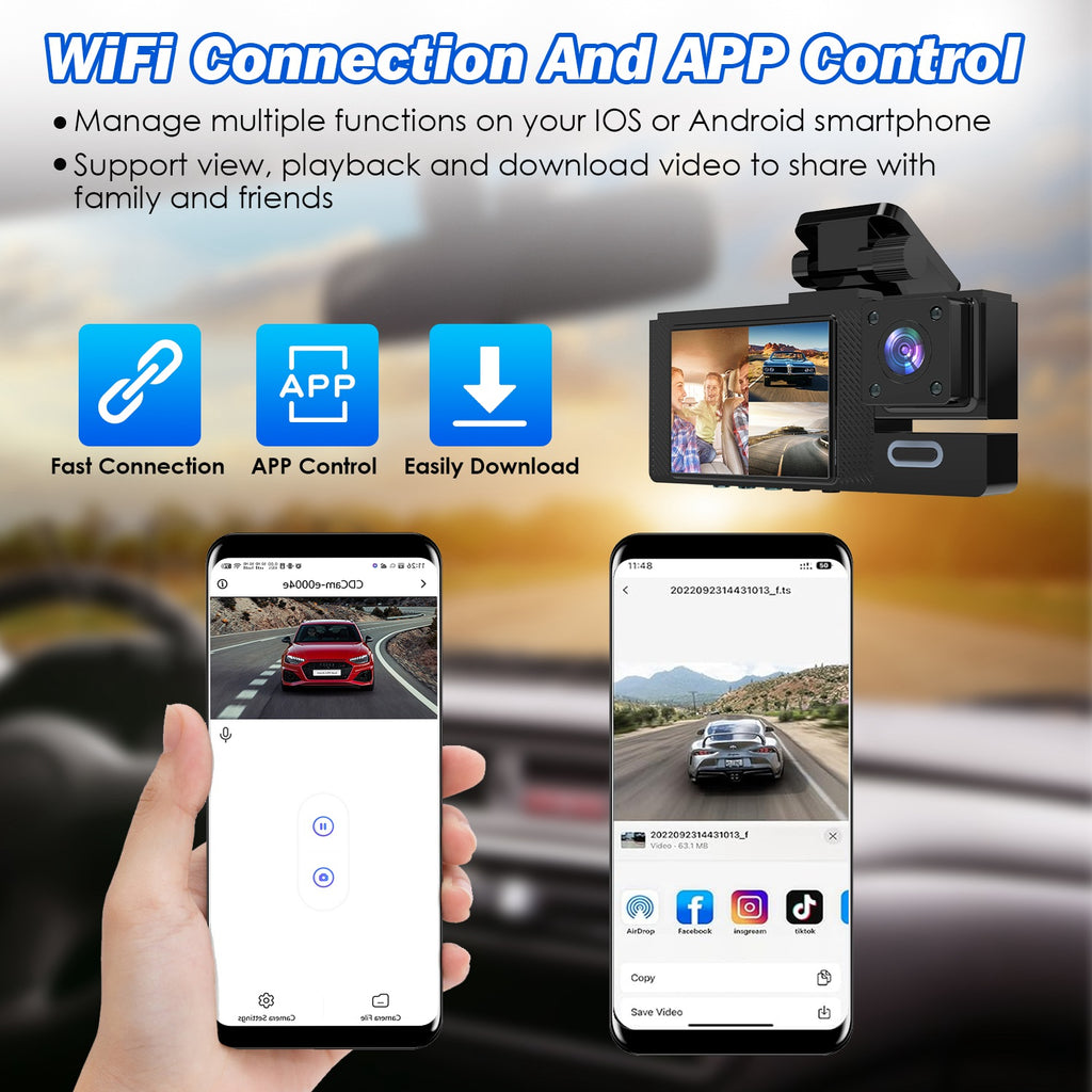 1Pc WiFi FHD 1080P Car Dash Cam 3 Channels Front Rear Inside Dash Camera With Lo