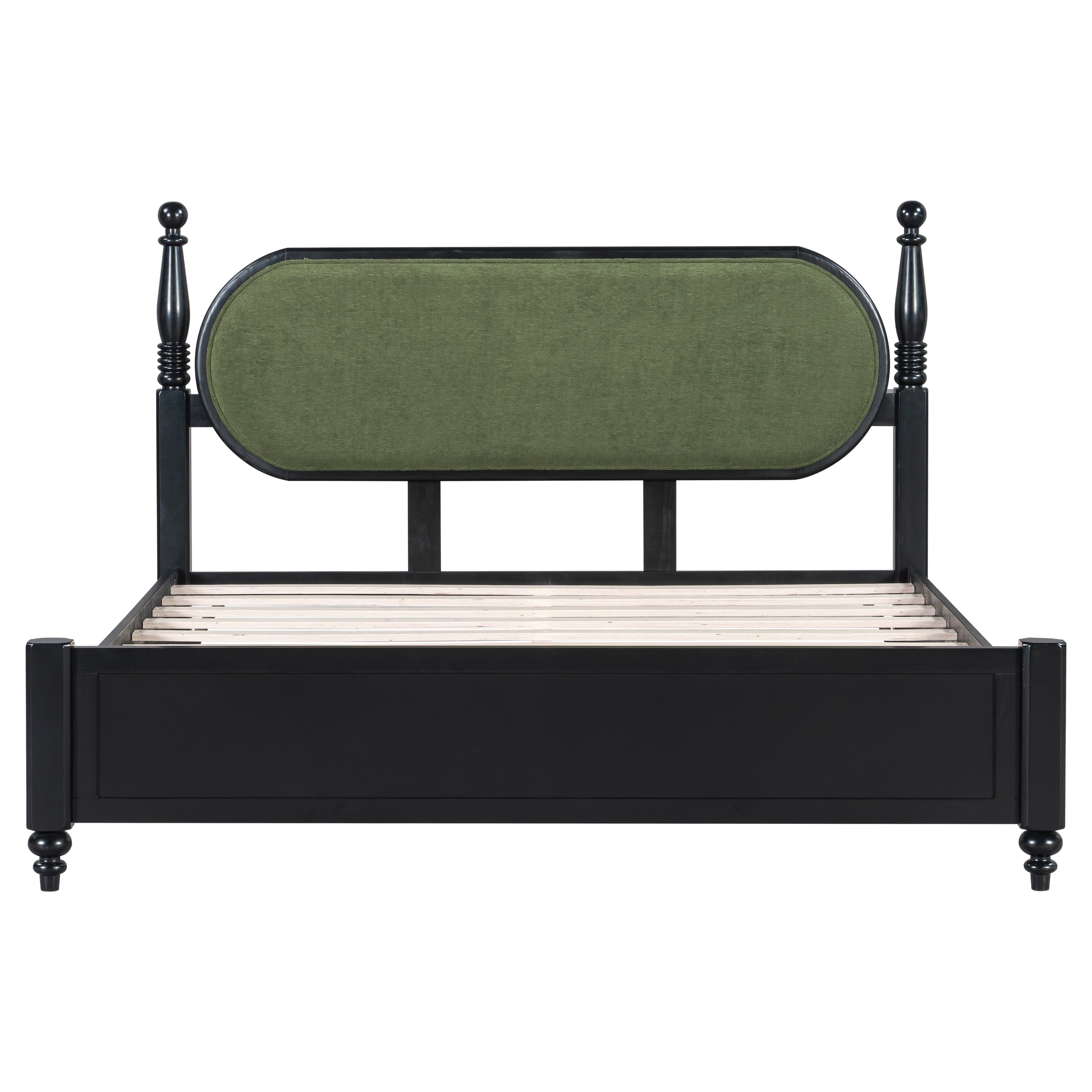 Queen Bed Frame, Solid Wood Platform With Slats, Green & Black Upholstered Headb