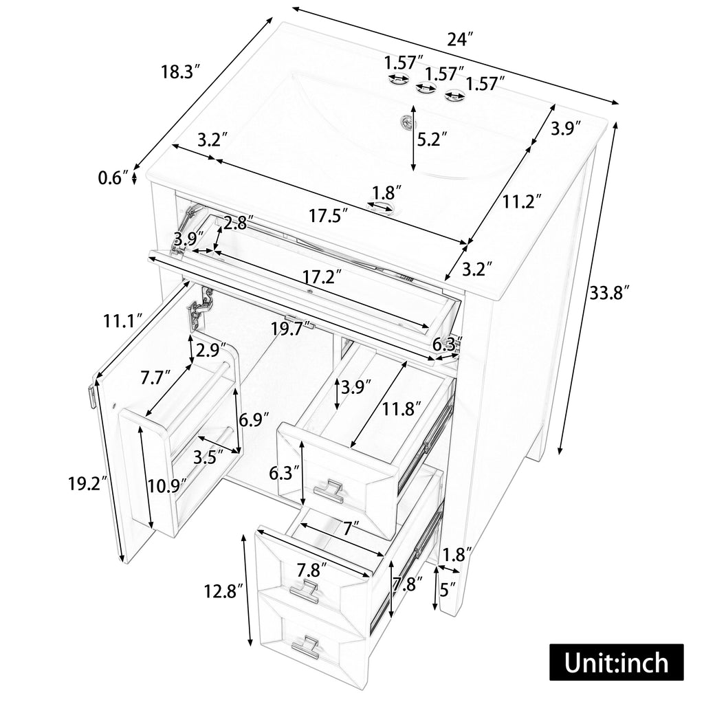 24'' White Bathroom Vanity With Sink, MDF & Rubberwood Construction, 3 Drawers &
