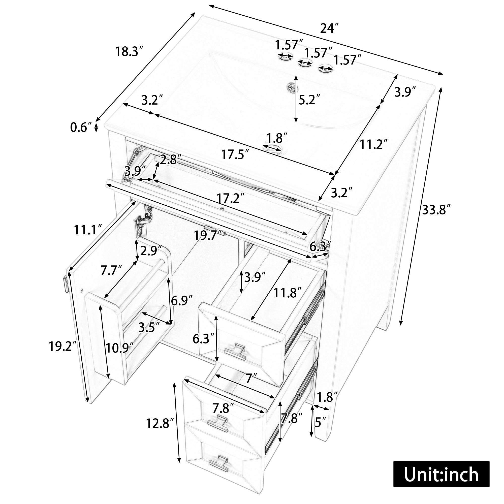 24'' White Bathroom Vanity With Sink, MDF & Rubberwood Construction, 3 Drawers &