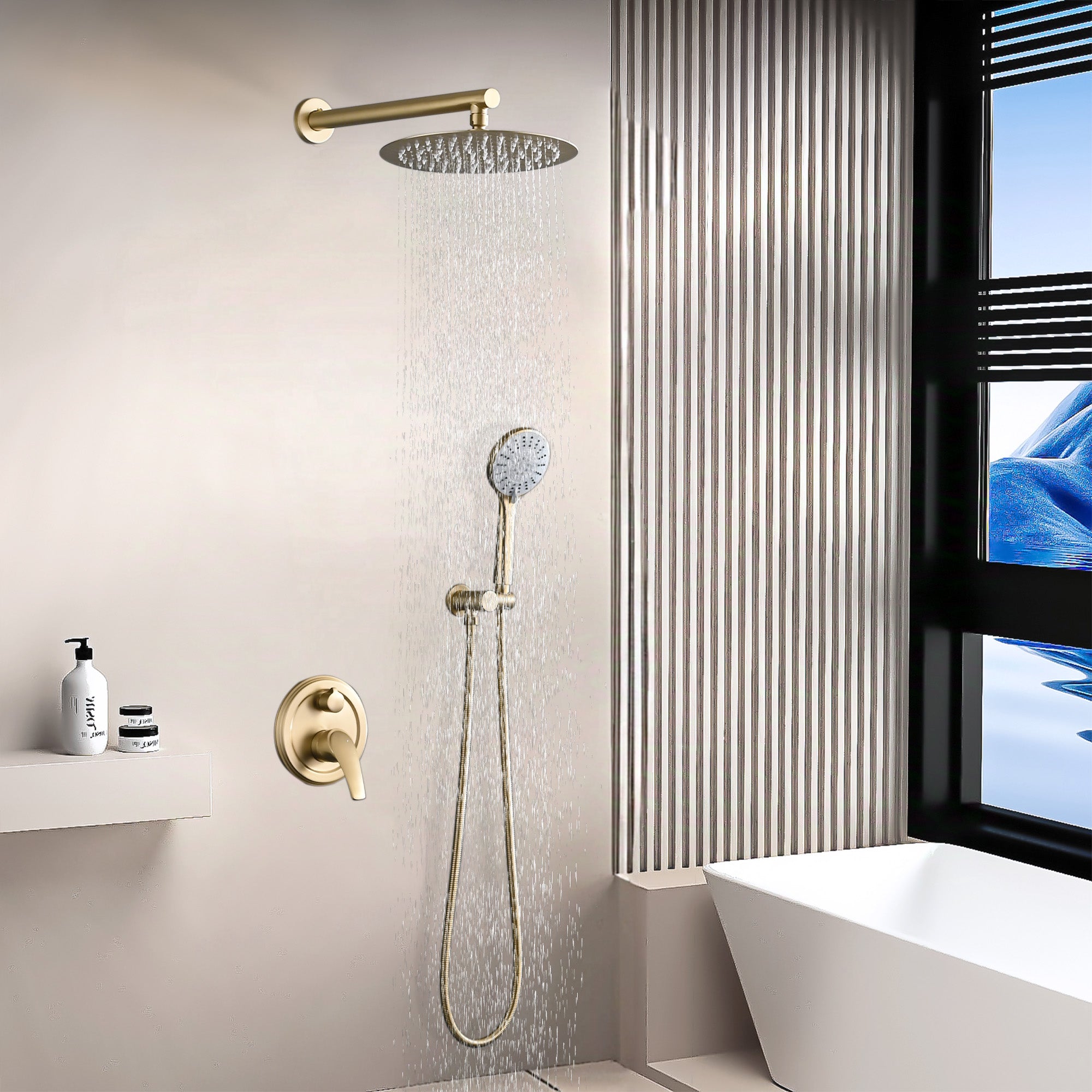10 Inches Wall Mounted Shower With High Pressure Rain Shower Head And 5-Function