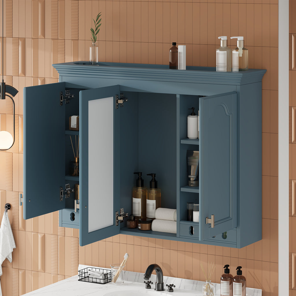 35 Inch Wall-Mount All-in-One Mirror Cabinet With Adjustable Shelves, Soft-Closi
