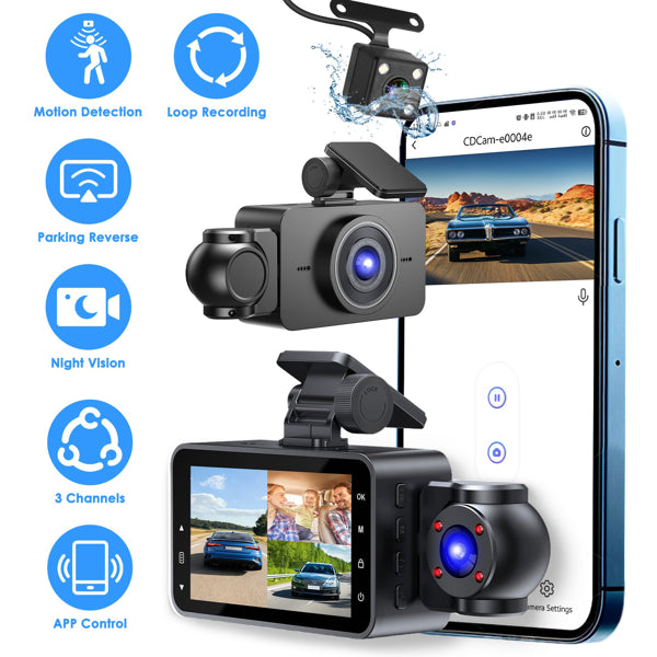3 Channel Dash Cam For Cars, 1080P Full HD Front Camera (140° Wide View) With 48