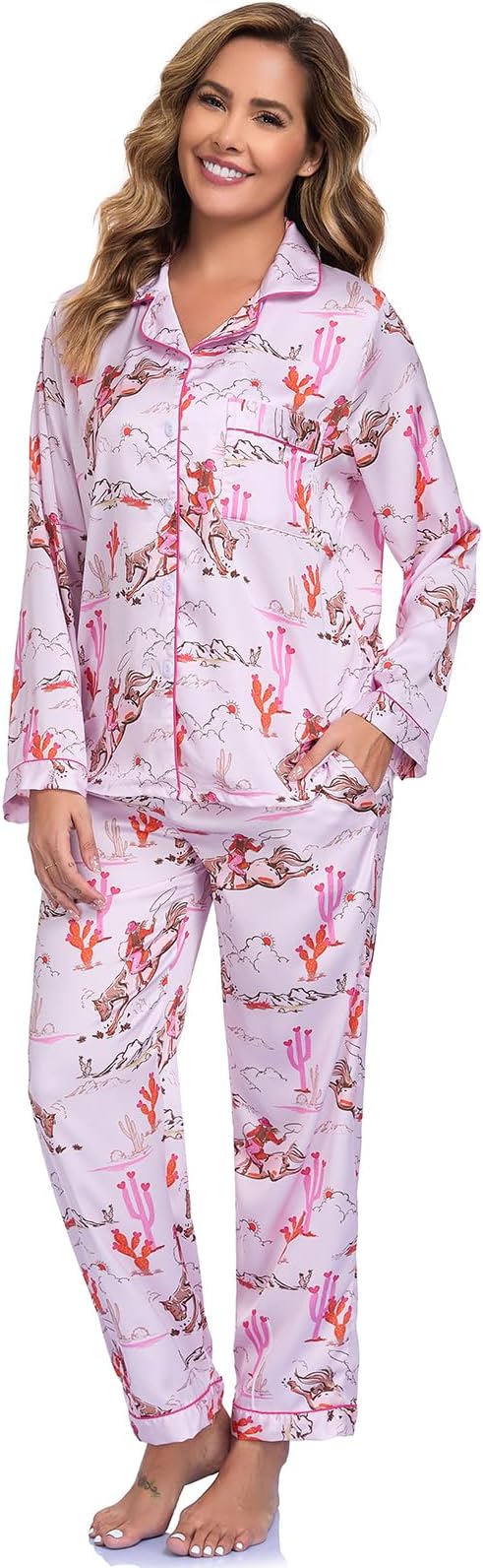 RONGTAI Womens Pajama Sets Button Down Long Sleeve Lapel Shirt With Pocket Match