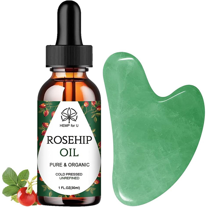 Gua Sha Massage Tools & Rosehip Oil In One Set, Nature Jade Stone Facial Gua Sha