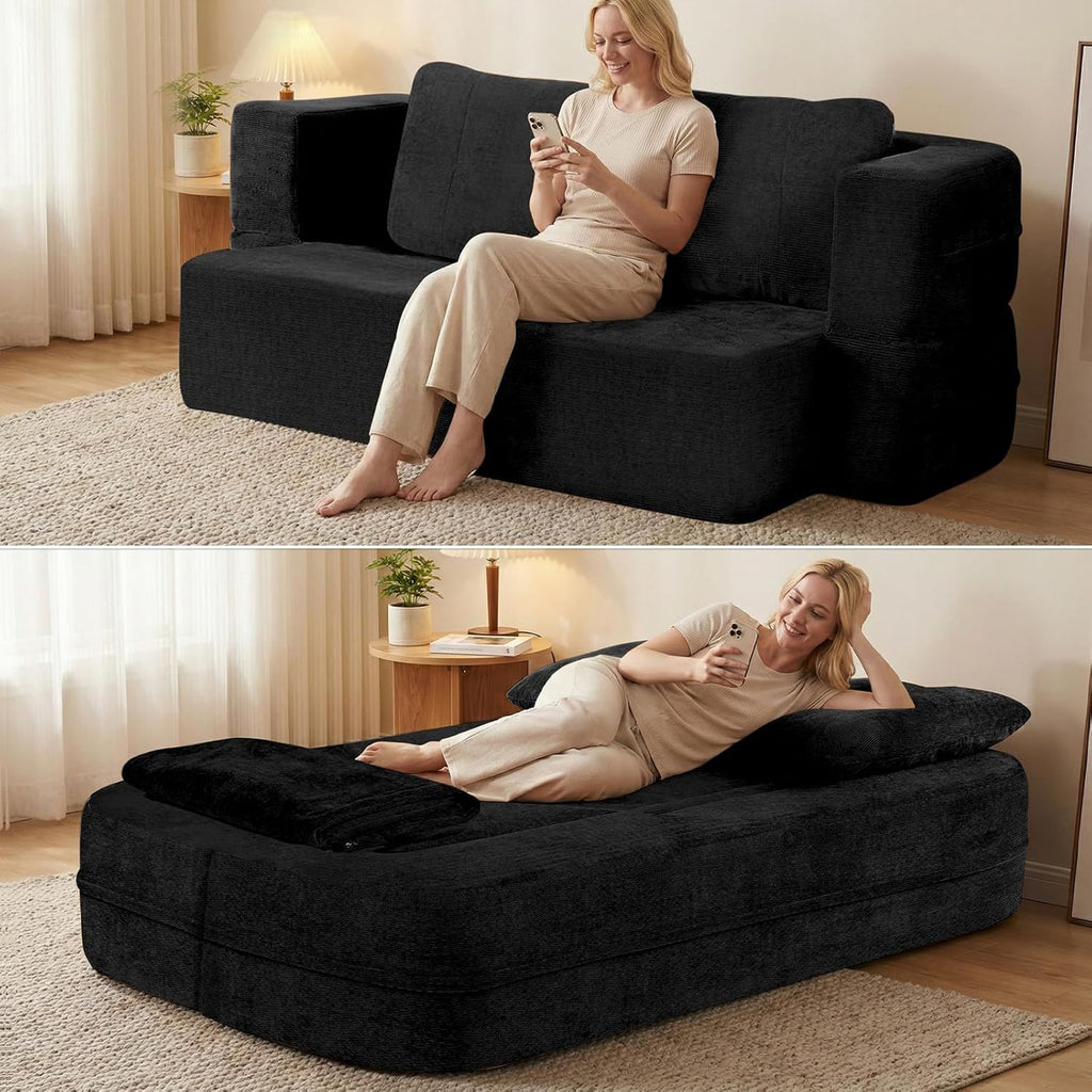 Convertible Sofa Bed With Blanket, Boneless Cloud Couch Queen  Fabric For Living