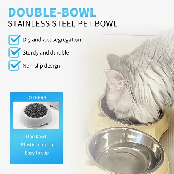 Anti Slip Base Double Cat Food Bowl, Gray Stainless Steel Food And Water Bowl, E