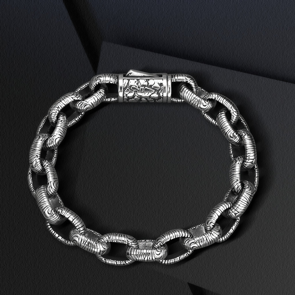 Antique Bark Textured Thick Oval Link Bracelet For Men, Copper Plated Silver Vin