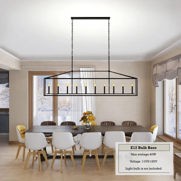 10 Lights Farmhouse Black Chandelier Rectangular Linear Pendant Lighting For Din