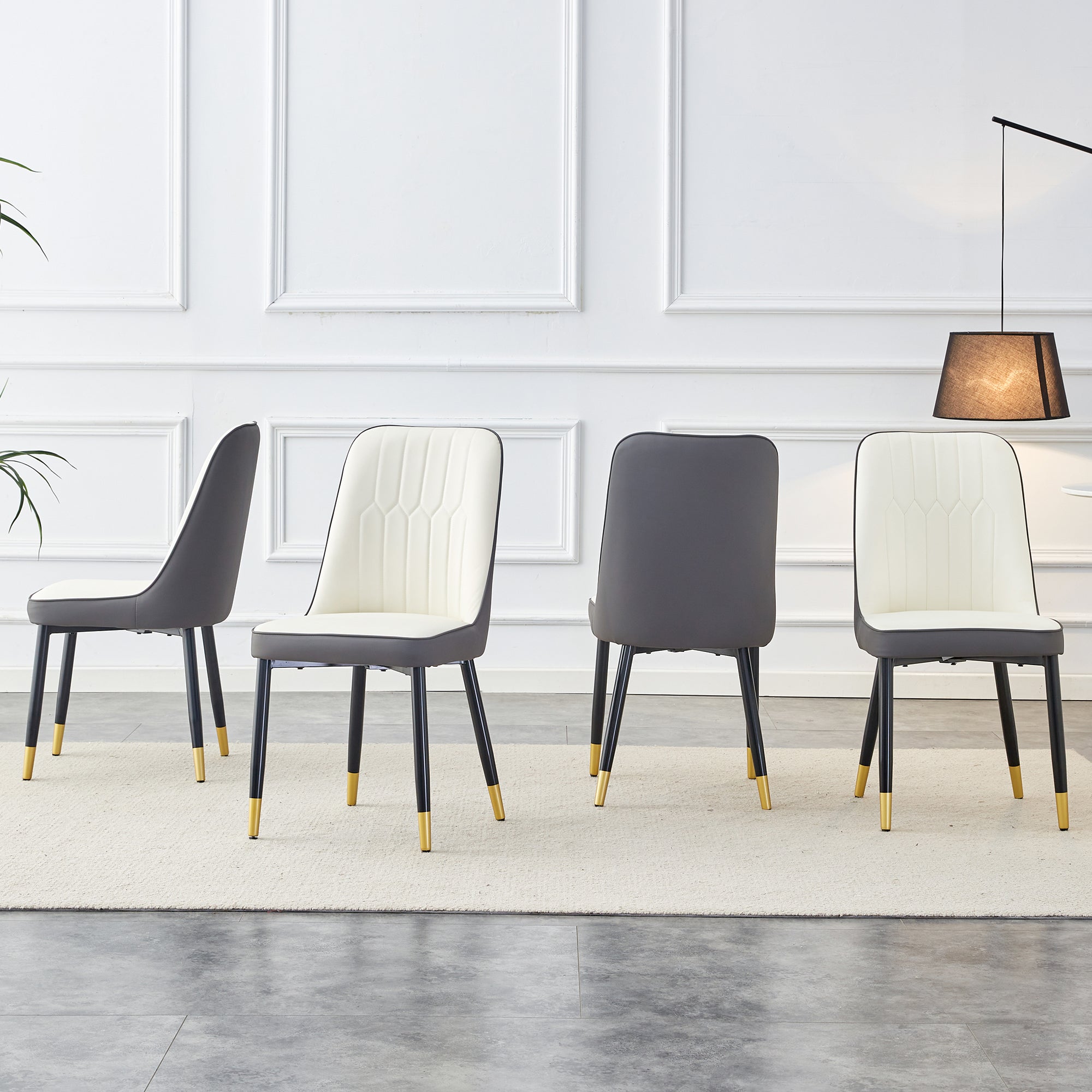 A Modern Dining Chair With A White Dark Gray Dual Tone PU Leather Backrest And B