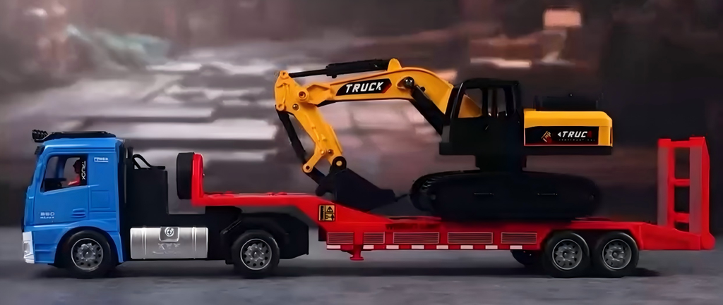 Flat Trailer Truck With Excavator Vehicles Toys, 1 50 Scale Diecast Site Trailer