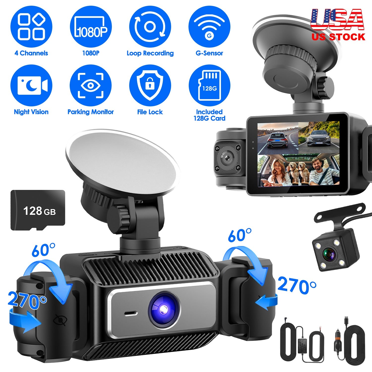 4 Channel Car Dash Cam With 128G MMC Card 1080P Front 720P Left Right 480P Rear 