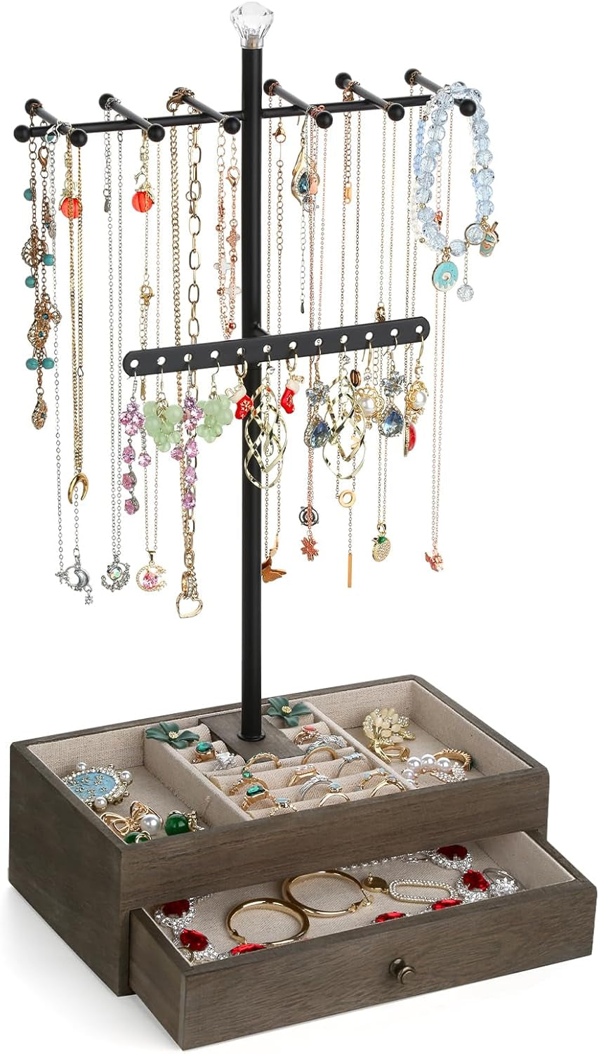 Jewelry Organizer Stand, 3-Tier Necklace Holder Jewelry Tree with Wooden Storage Drawer Box for Necklace Bracelet Earring Ring, Walnut