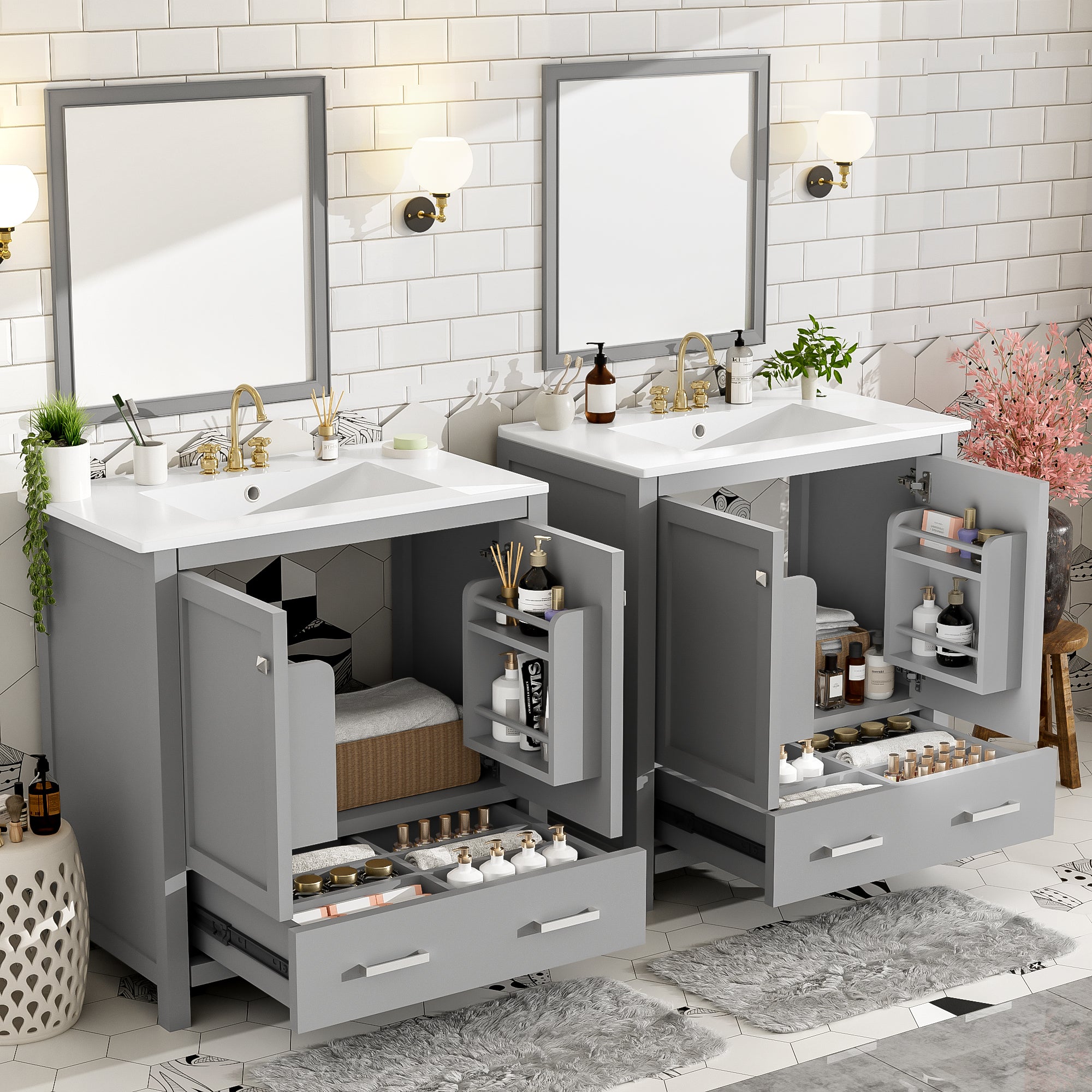 60  Grey Bathroom Vanity Set With Double Vanities  Separate , Double Ceramic Sin