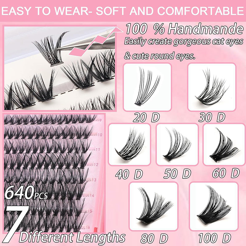 Lash Clusters, 640 Pcs Eyelashes Cluster Extensions 9-16mm Fluffy Individual Las