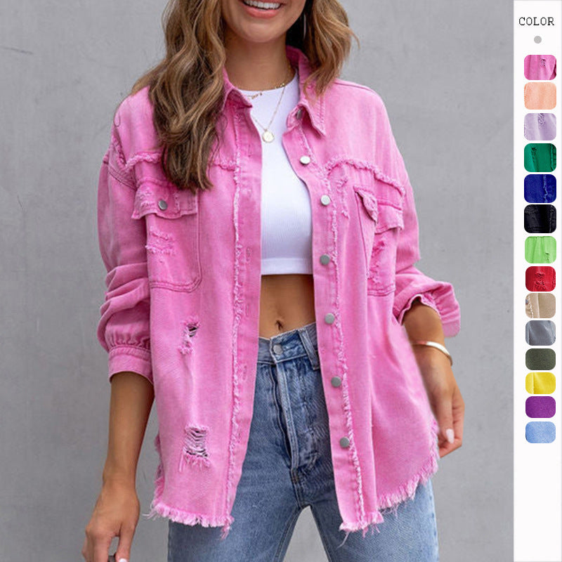 Fashion Ripped Shirt Jacket Female Autumn And Spring Casual Tops Women (Viral) — MEGA MARKET