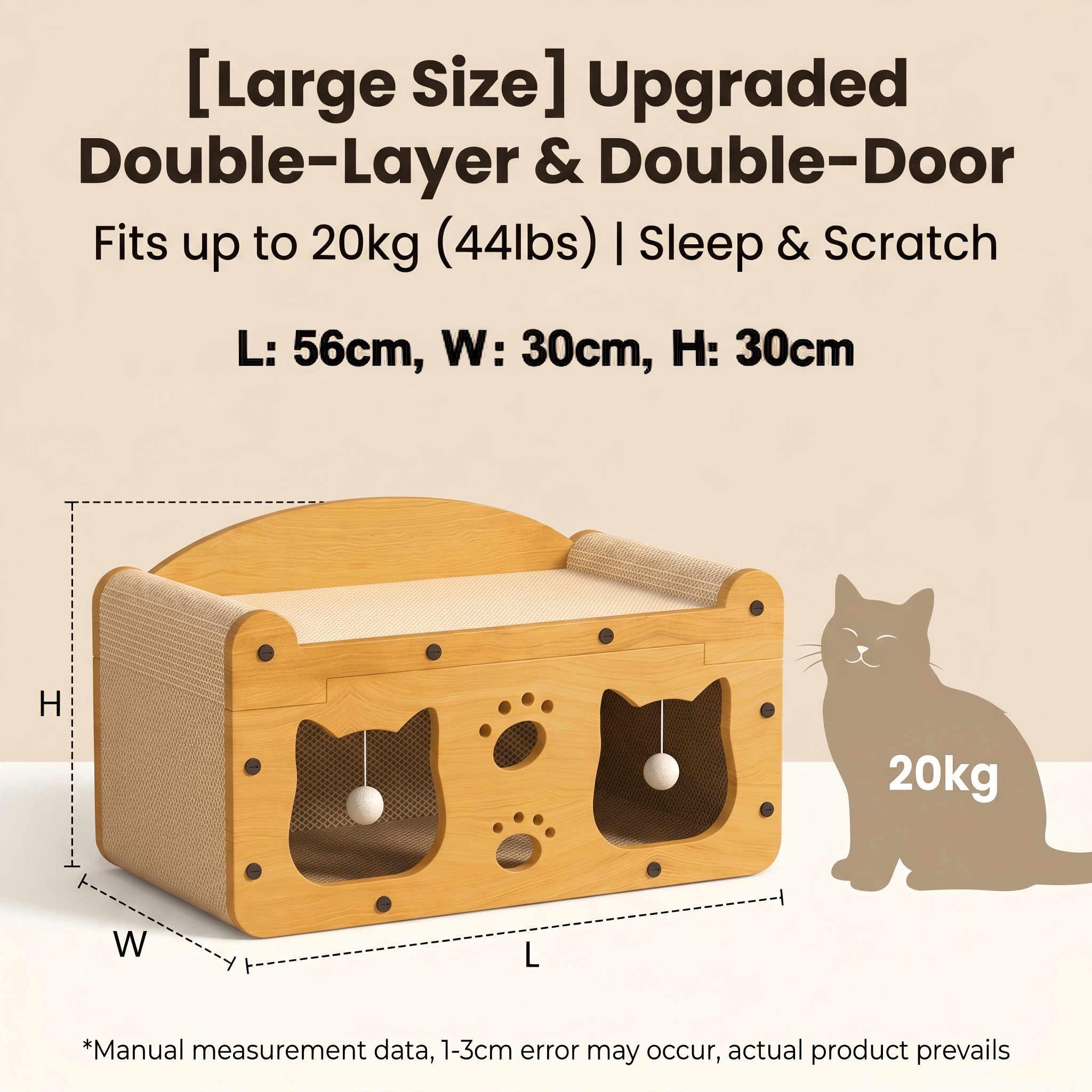 Multi-Style Double-Layer Cat Scratcher House, 2-Tier Large Cat Villa Bed With Co