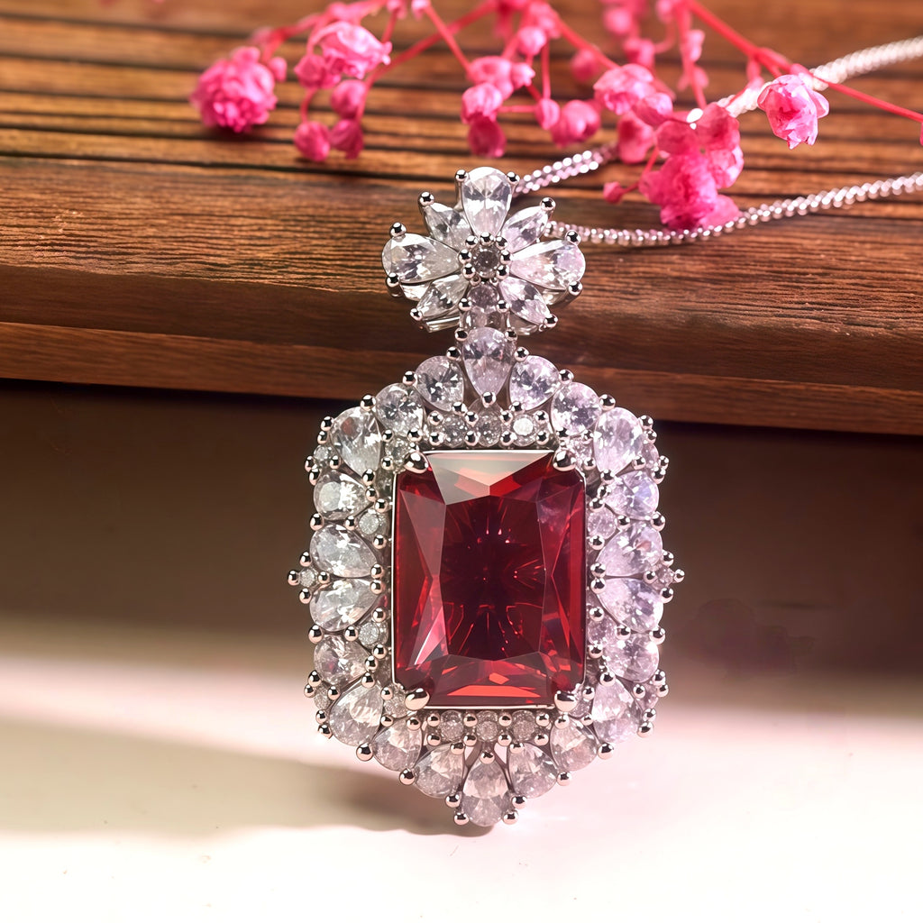 1111White Gold Plated Cushion Cut Red Ruby CZ Pendant Necklace, Double Halo Clea