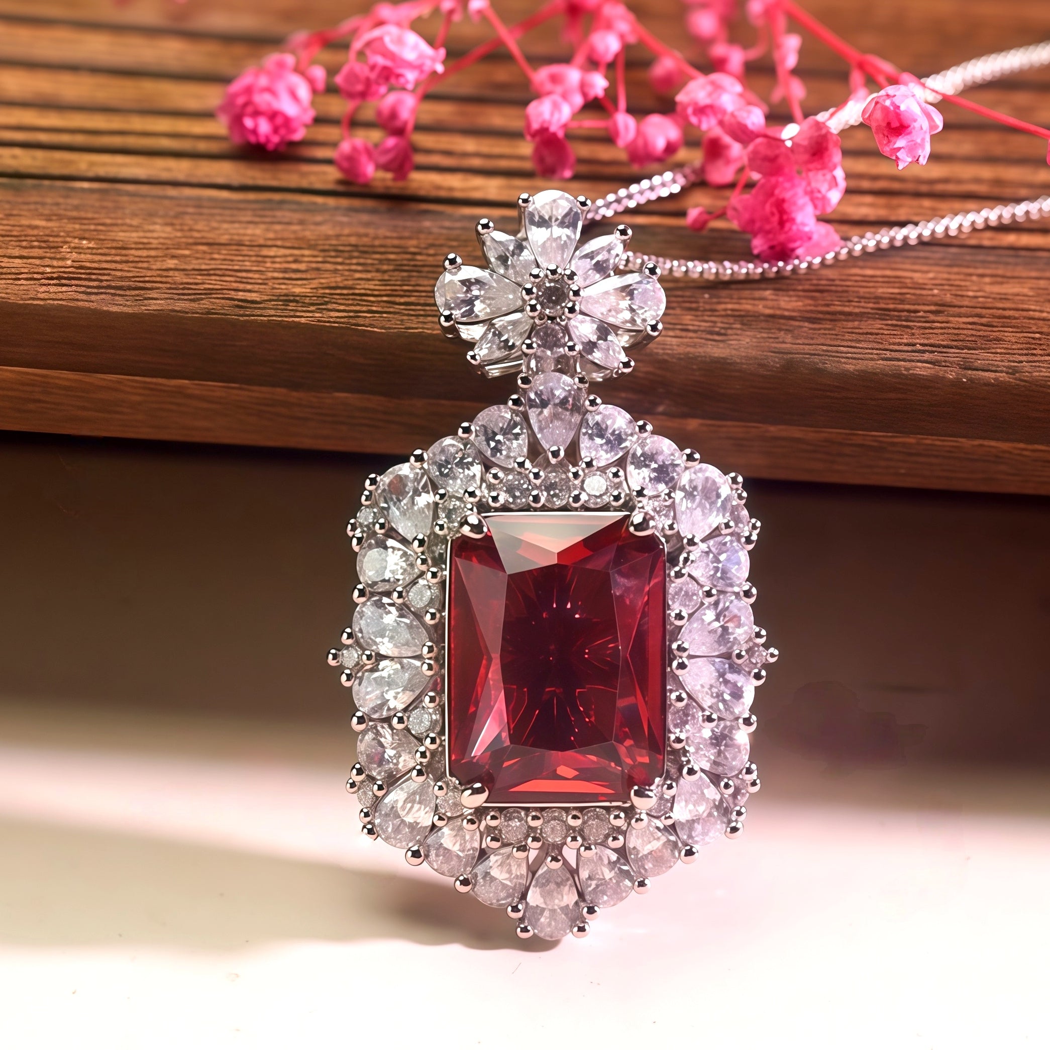 1111White Gold Plated Cushion Cut Red Ruby CZ Pendant Necklace, Double Halo Clea