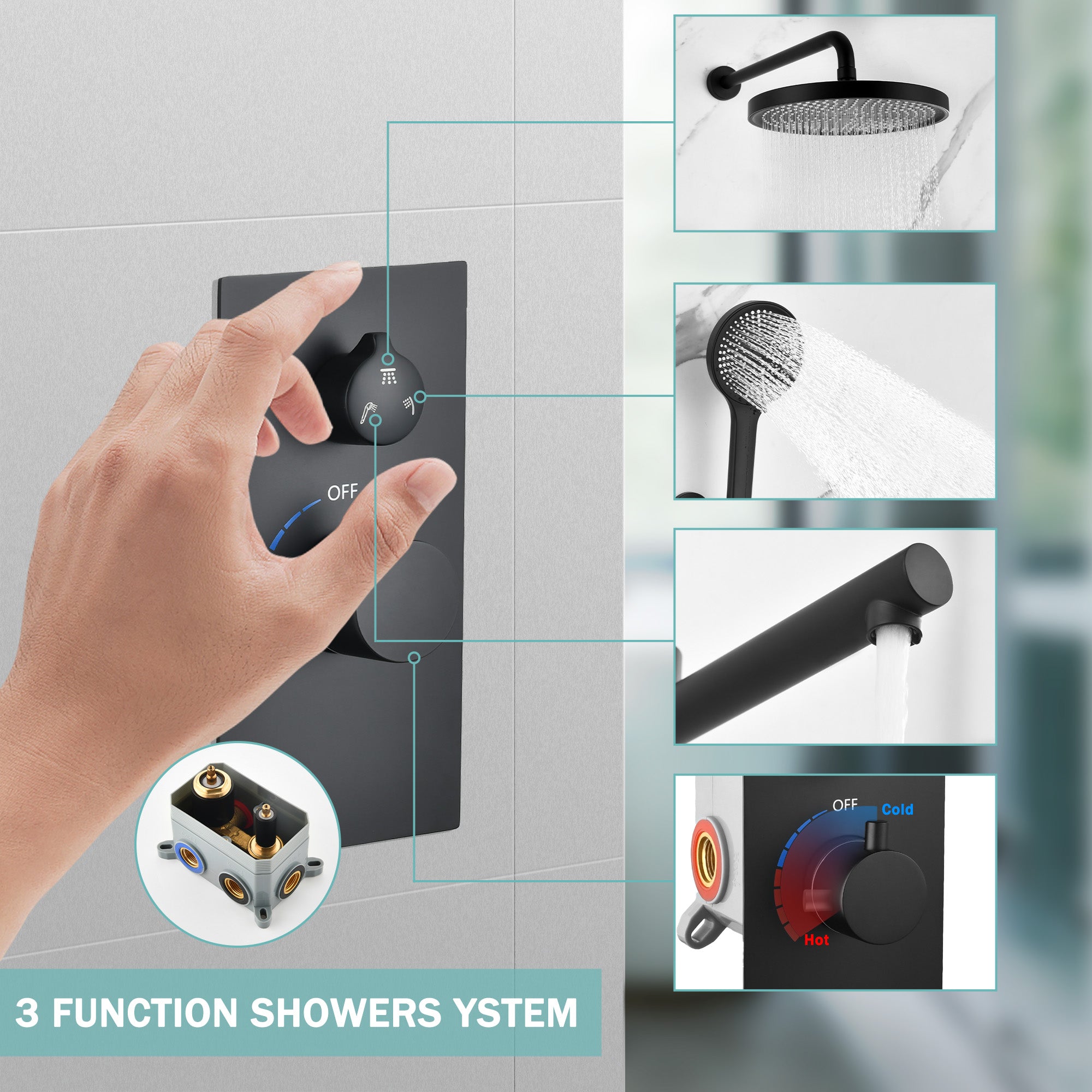 Luxury 3-Function Shower System Set - Solid Brass Control Valve, 10  Overhead Sh