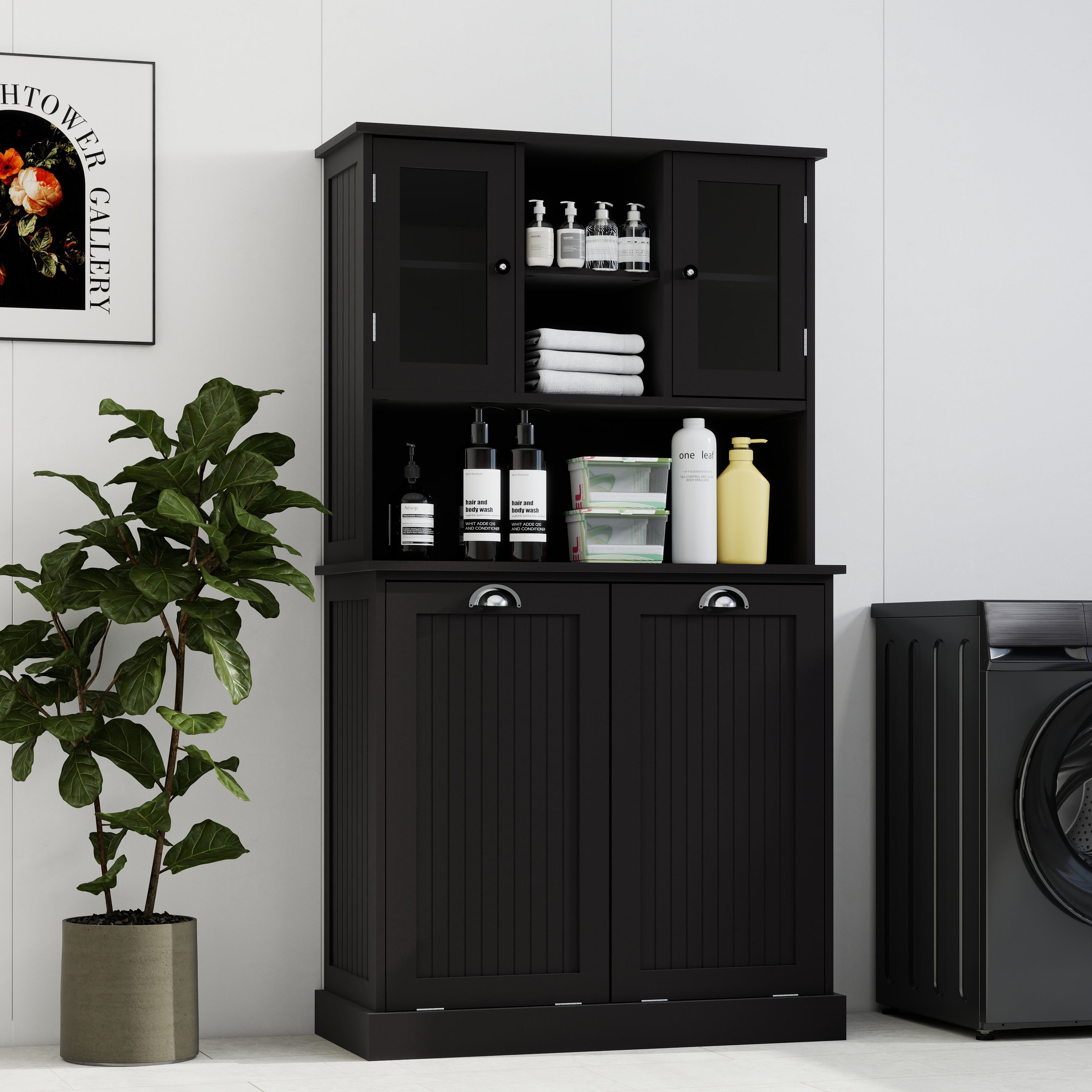 Two-Compartment Tilt-Out Dirty Laundry Basket Tall Bathroom Cabinet With 2 Adjus