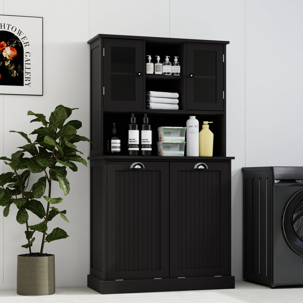 Two-Compartment Tilt-Out Dirty Laundry Basket Tall Bathroom Cabinet With 2 Adjus